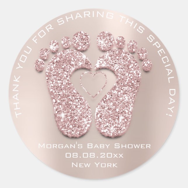 Heart Feet Baby Shower Favor Gift Thank Pink Rose Classic Round Sticker (Front)