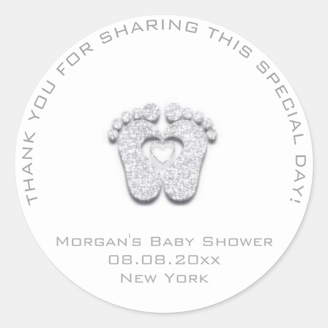 Heart Feet Baby Shower Favor Girl Thank Gray White Classic Round Sticker (Front)