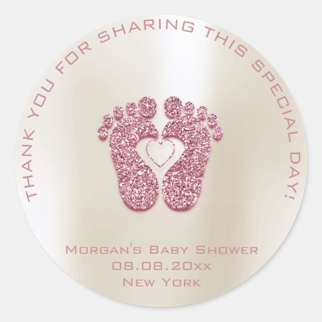Heart Feet Baby Shower Favor Girl Thank Pink Ivory Classic Round Sticker (Front)