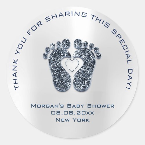 Heart Feet Baby Shower Favor Thank Blue Navy Classic Round Sticker