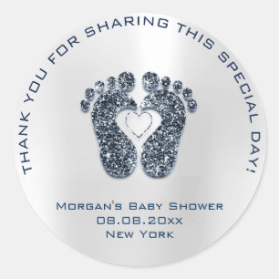 Heart Feet Baby Shower Favor Thank Blue Navy Classic Round Sticker