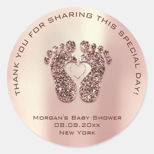 Heart Feet Baby Shower Favor Thank Rose Copper Classic Round Sticker