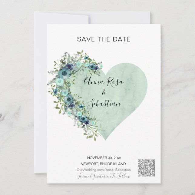 *~* Heart Floral Aqua AR6 QR WEDDING SAVE the DATE Invitation (Front)
