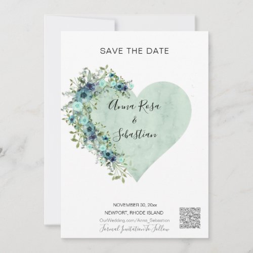  Heart Floral Aqua AR6 QR WEDDING SAVE the DATE Invitation