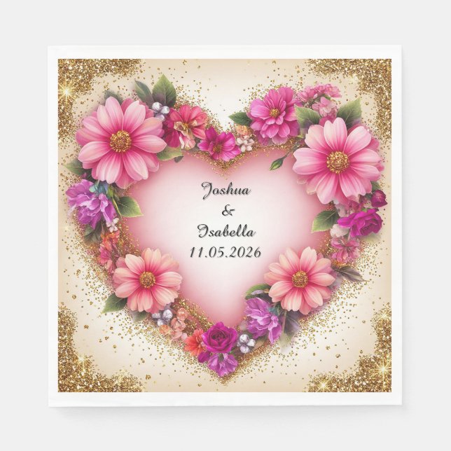 🌸 Heart Floral Name For Anniversary Dinner Table  Napkins (Front)