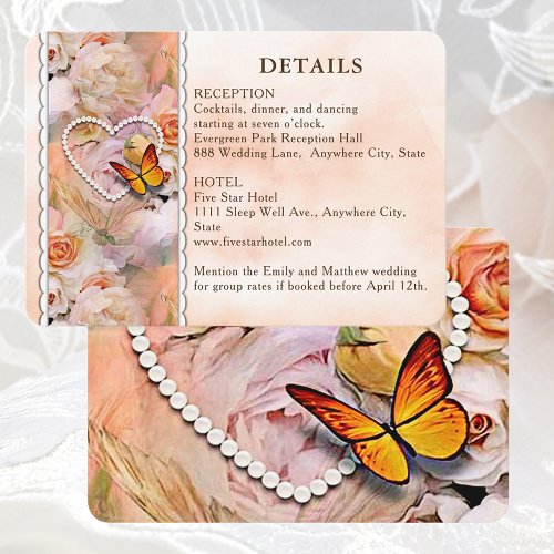 Heart Floral Rose Butterfly Wedding Guest Details Enclosure Card