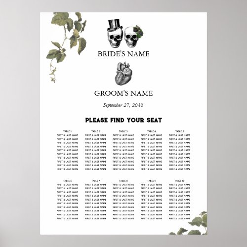 Heart Floral Skulls Wedding Seating Chart