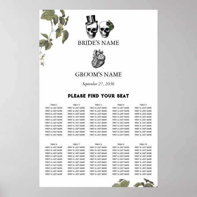 Heart Floral Skulls Wedding Seating Chart (Front)