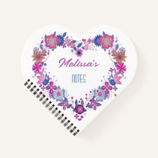 Heart floral wreath pink blue name notebook