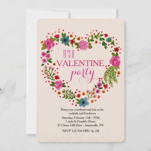 Heart Floral Wreath Valentine Party Invitation