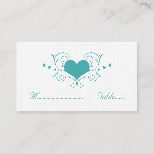 Customizable Heart Flourish Place Card, Teal Business Card Templates