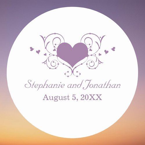 Heart Flourish Wedding Stickers Purple Classic Round Sticker