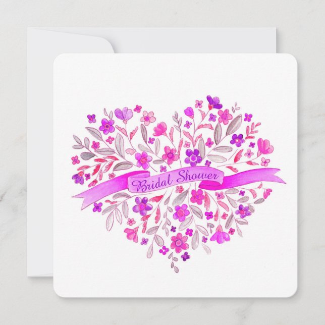 Heart flower bouquet purple bridal shower invite (Front)