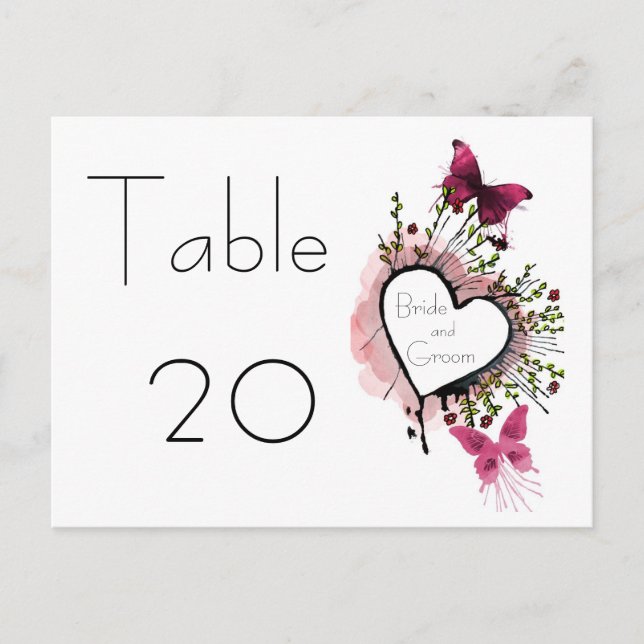 Heart, flowers and butterflies Table Number Card (Front)