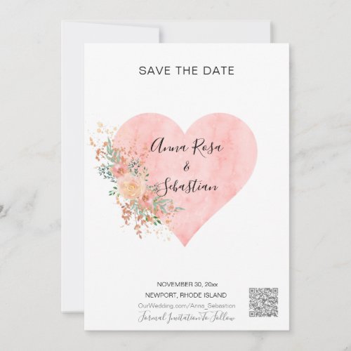  Heart Flowers AR6 QR WEDDING SAVE the DATE Invitation