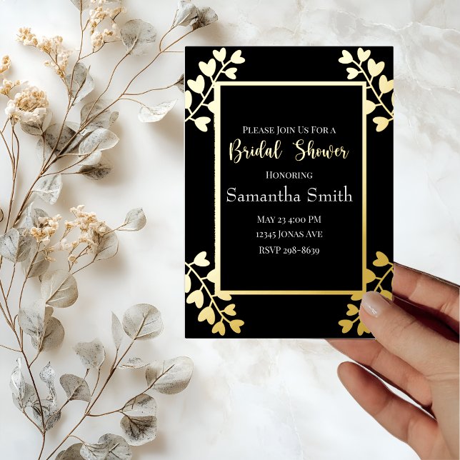 Heart Flowers on Black Gold  Bridal Shower  Foil Invitation (Creator Uploaded)