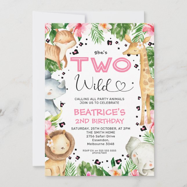 Heart Font Floral Foliage Safari Two Wild Birthday Invitation (Front)
