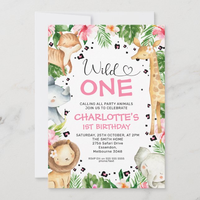 Heart Font Floral Foliage Safari Wild One Birthday Invitation (Front)