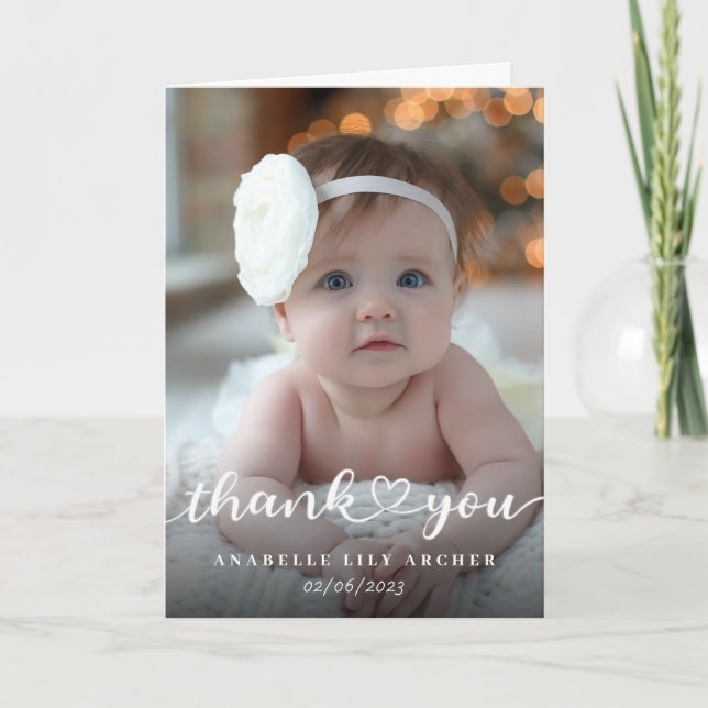Heart font thank you, photo baby announcement card (Front)