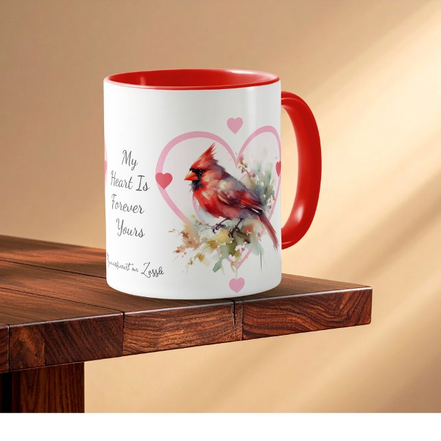  Heart  'Forever' Red Cardinal Heart Personalize Mug (Customize the Script.)