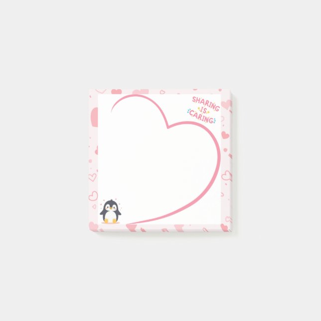 Heart Frame and Kawaii Penguin pink post it notes (Front)