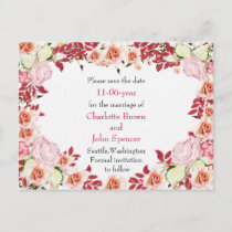 Heart Frame Coral Pink Roses Wedding Announcement Postcard