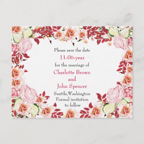 Heart Frame Coral Pink Roses Wedding Announcement Postcard