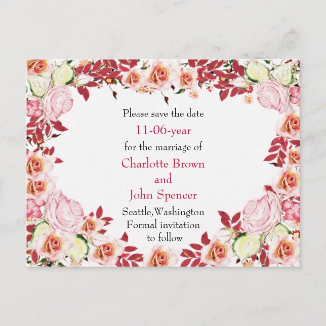 Heart Frame Coral Pink Roses Wedding Announcement Postcard (Front)