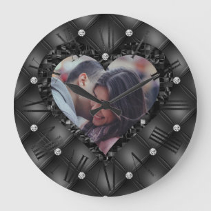 Heart Frame Custom Photo Black Diamonds Throw Pill Large Clock