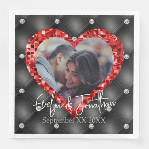 Heart Frame Custom Photo Black & Red Diamonds Paper Dinner Napkins