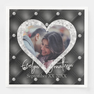 Heart Frame Custom Photo Black & Silver Diamonds Paper Dinner Napkins