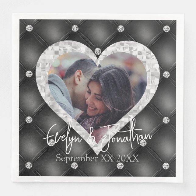 Heart Frame Custom Photo Black & Silver Diamonds Paper Dinner Napkins (Front)