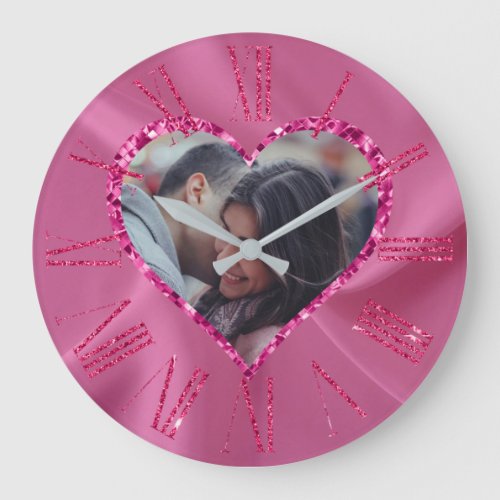 Heart Frame Custom Photo Blush Pink with Diamonds Large Clock