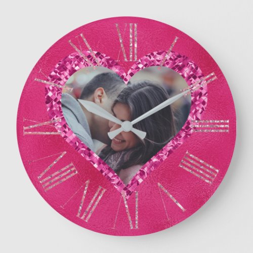 Heart Frame Custom Photo Hot Pink with Diamonds Large Clock