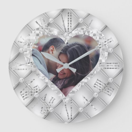 Heart Frame Custom Photo White  Silver Diamonds Large Clock