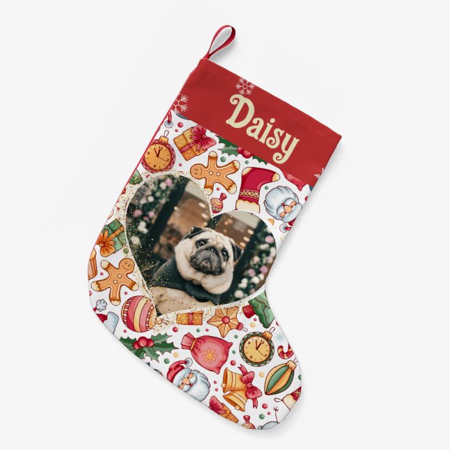 Heart Frame Gingerbread Personalized Pet Photo Small Christmas Stocking (Front (Hanging))