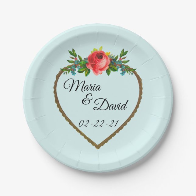 Heart Frame With Watercolor Rose Paper Plates (Front)