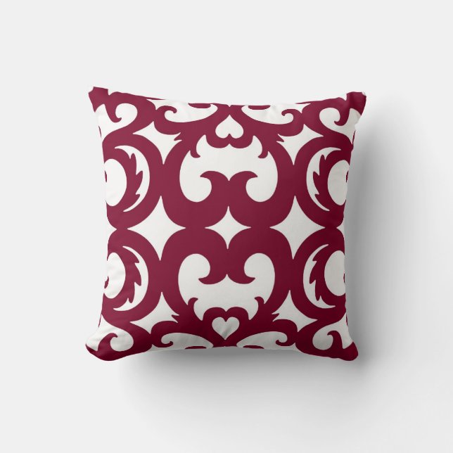 Heart Fretwork Scroll Pattern Cranberry Red Throw Pillow (Front)