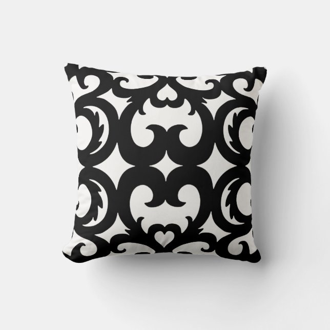 Heart Fretwork Scroll Pattern in Black and White Throw Pillow (Front)