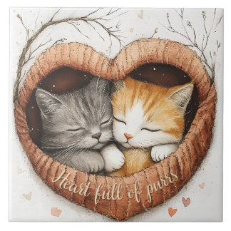 Heart Full of Purrs Cat Cuddles Illustration Art Ceramic Tile