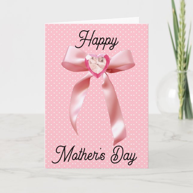 Heart Gem Pink Coquette Bow Happy Mother's Day Card (Front)