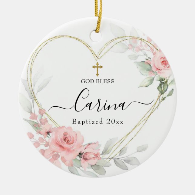 Heart Geometric Blush Pink Floral Baptized Ceramic Ornament (Front)