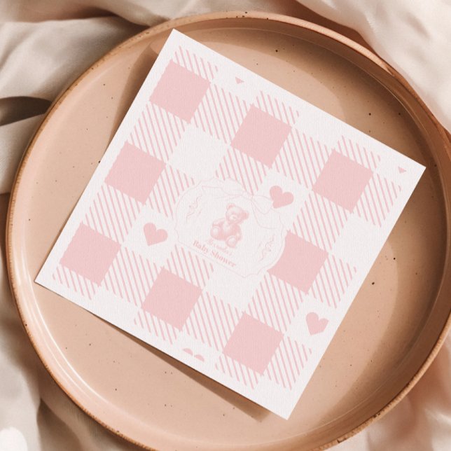 Heart Gingham French Teddy Bear Baby Shower Napkins (Creator Uploaded)