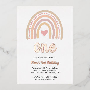 Heart Girl Boho Rainbow First Birthday Rose Gold Foil Invitation