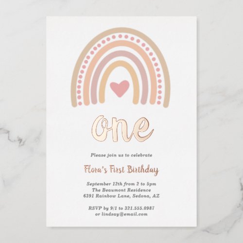 Heart Girl Boho Rainbow First Birthday Rose Gold Foil Invitation