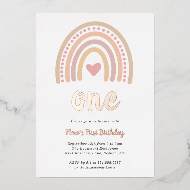 Heart Girl Boho Rainbow First Birthday Rose Gold Foil Invitation (Front)