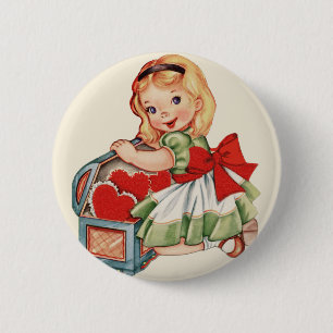 Heart Girl Child Retro Cute Children Button