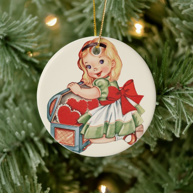 Heart Girl Child Retro Cute Children Ceramic Ornament (Tree)