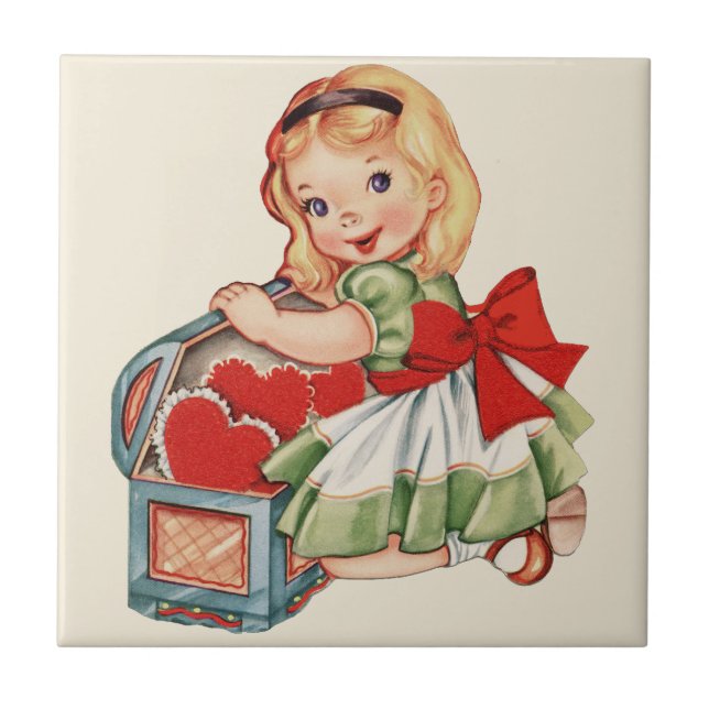 Heart Girl Child Retro Cute Children Ceramic Tile (Front)