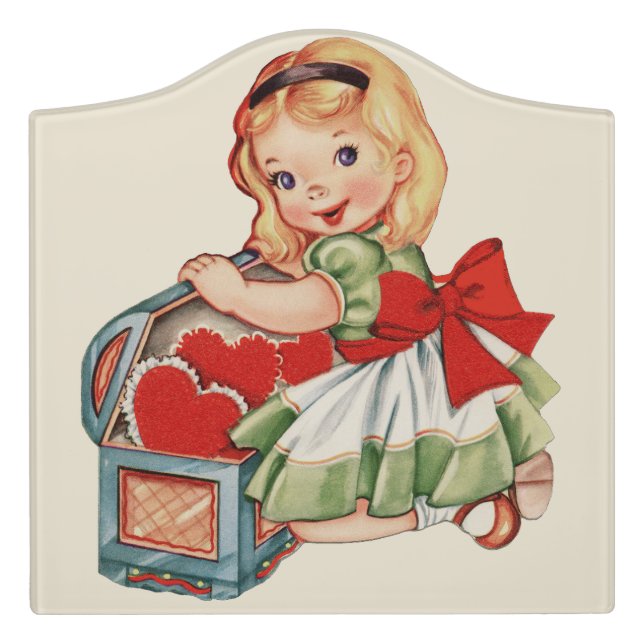 Heart Girl Child Retro Cute Children Door Sign (Large Crest Front)